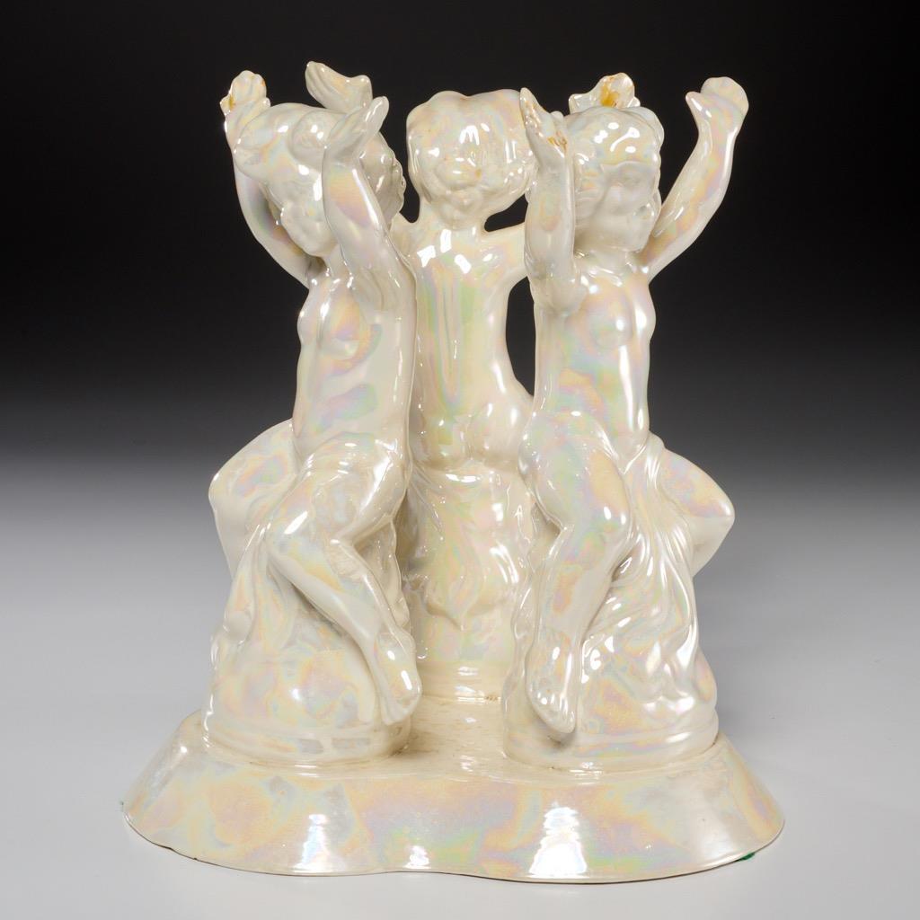 Ceramic Cherub Putti Iridescent Pedestal For Bowl Plate Vintage Plant Stand