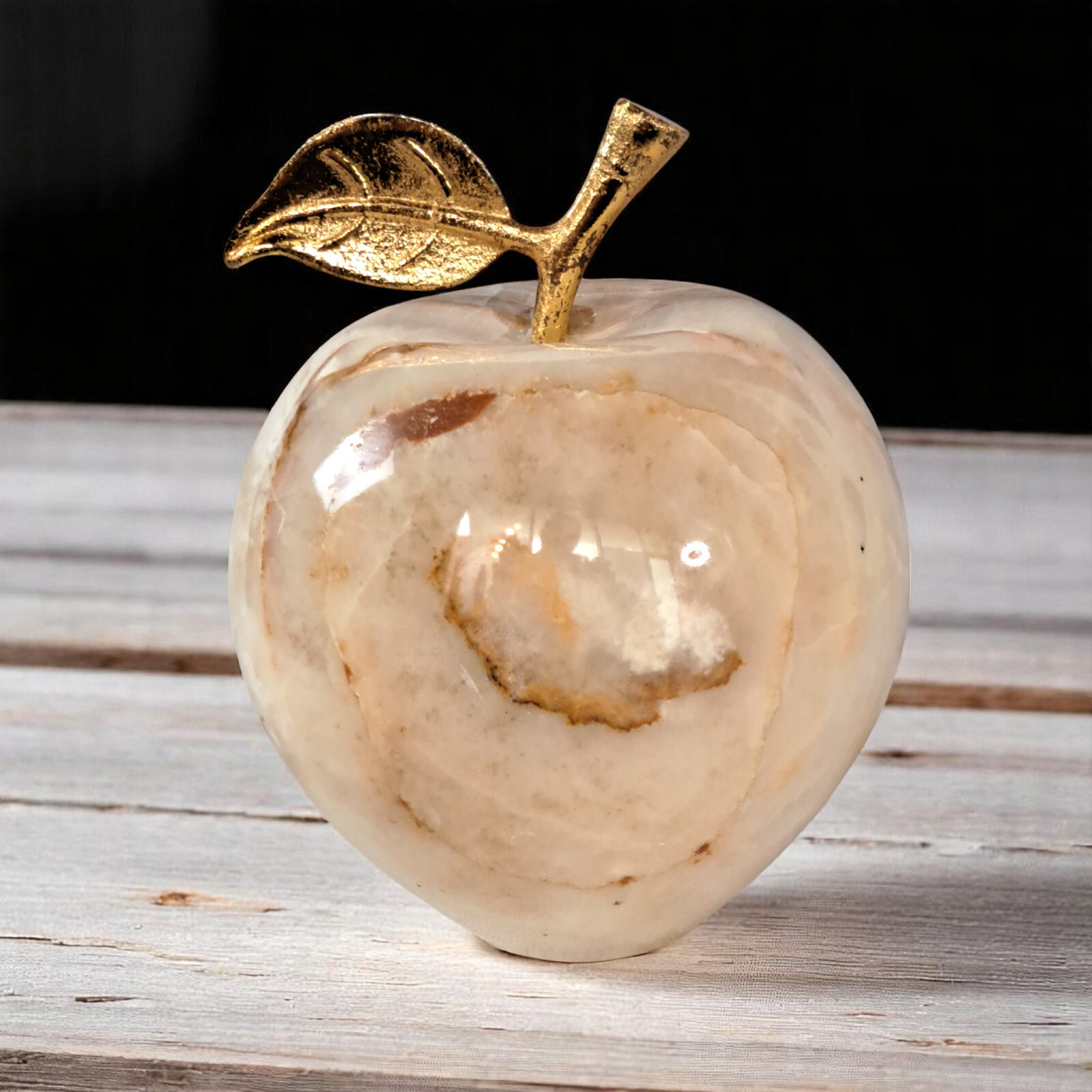 Large Heavy 3 lbs 1 oz SOLID ONYX MARBLE APPLE Sculpture Grained Brass Stem