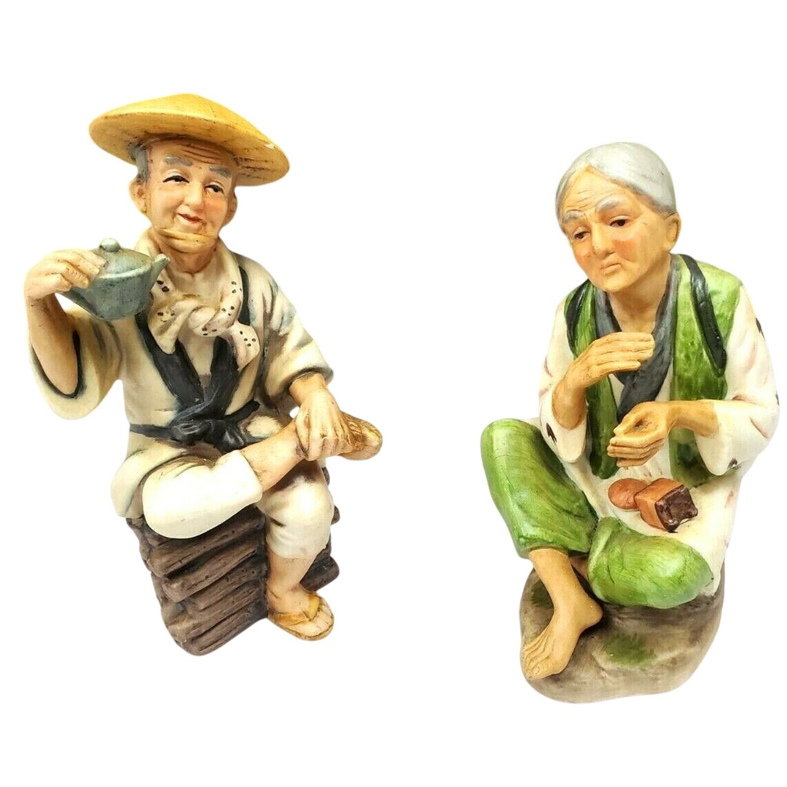Vintage ARCO Asian Woman 1431 & Unmarked Man Set Figurines 1980s Ceramic Japan