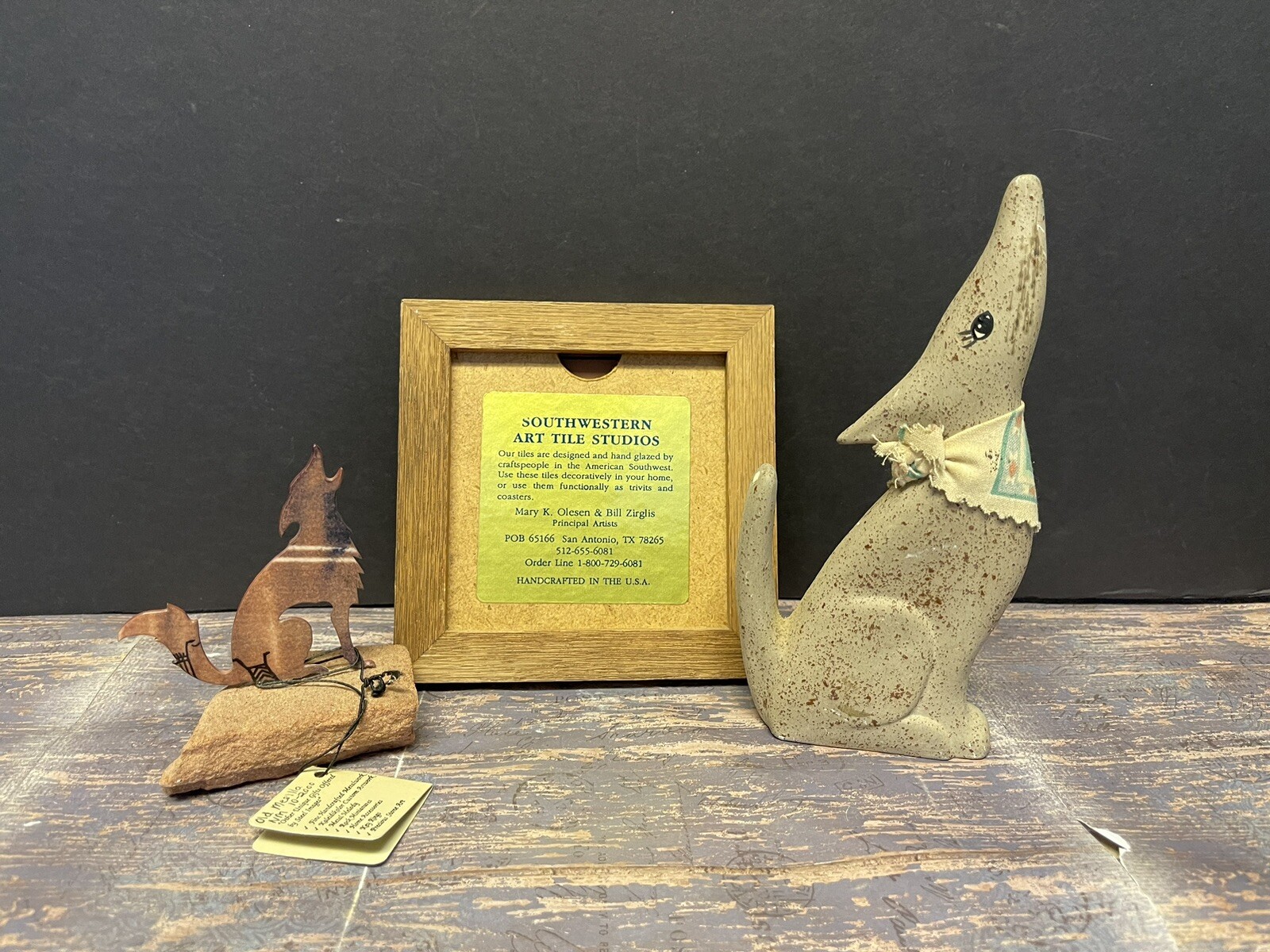 Miniature Howling Steel Coyote, Southwest Tile, Vintage Ceramic Pottery Coyote