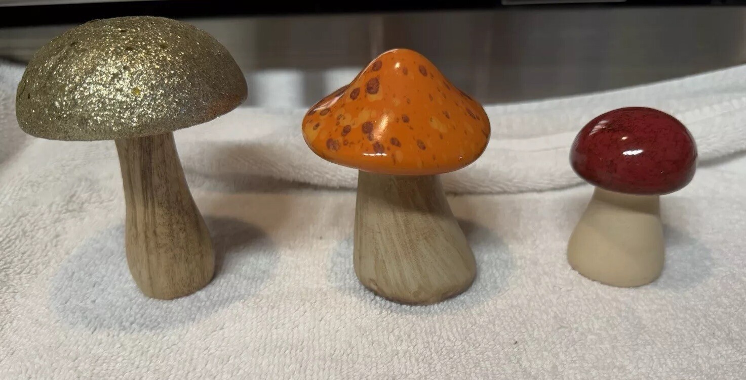 Mushroom Figurine Lot Of 3 Gold Orange And Red. Wooden And Ceramic.