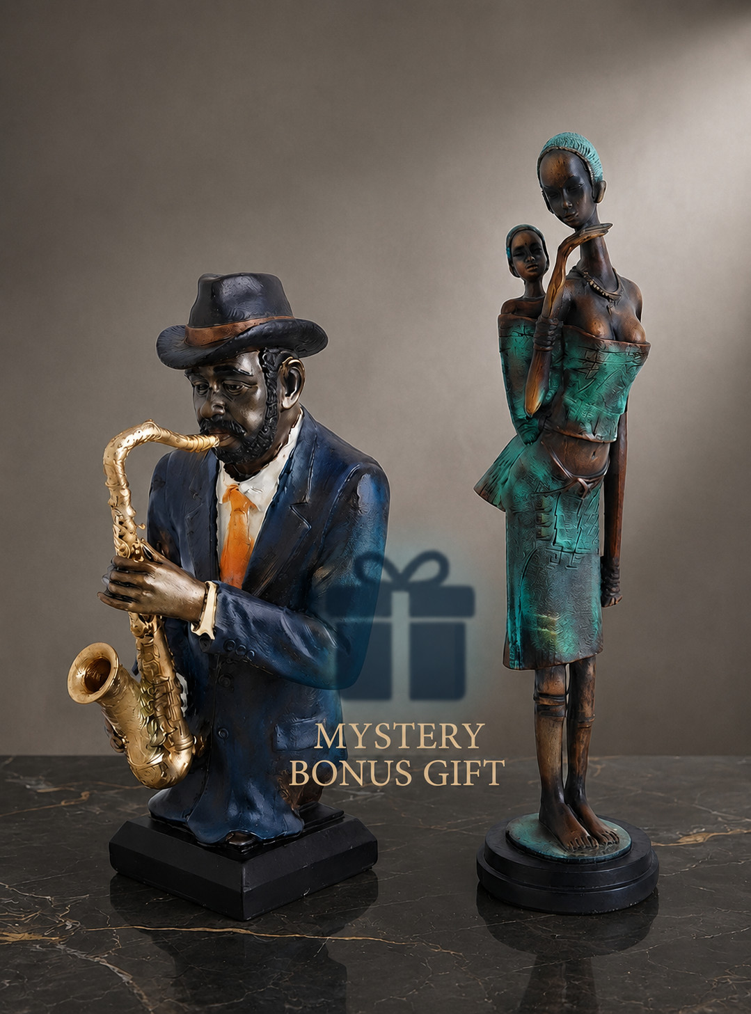 Vintage African Mother Statue & Jazz Saxophone Player Figurine Lot + Mystery Gif