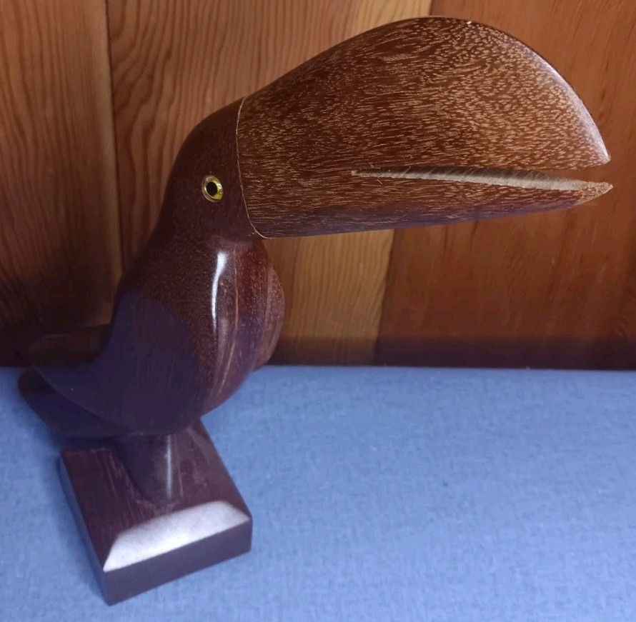 Vintage YONA Brazil Carved Mahogany Wood Toucan Note Letter Holder Glass Eyes 9″