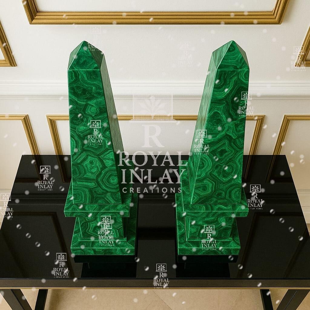 Malechite Obelisks (Pair) | Hand-Carved Crystal Sculptures |Luxury Natural
