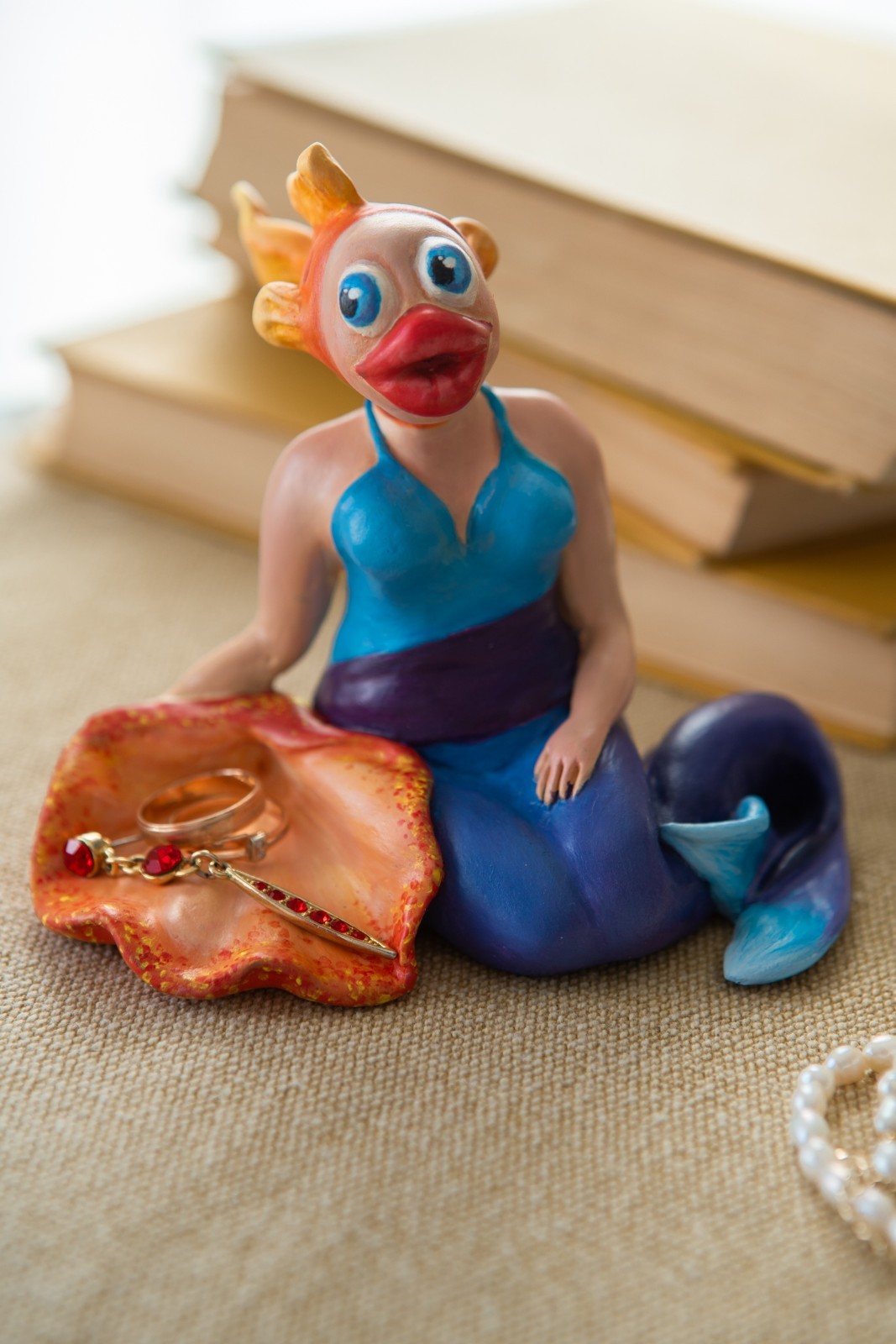 Clay Mermaid character – Singing Sea Girl Unique Hand-Painted Pottery Figurine