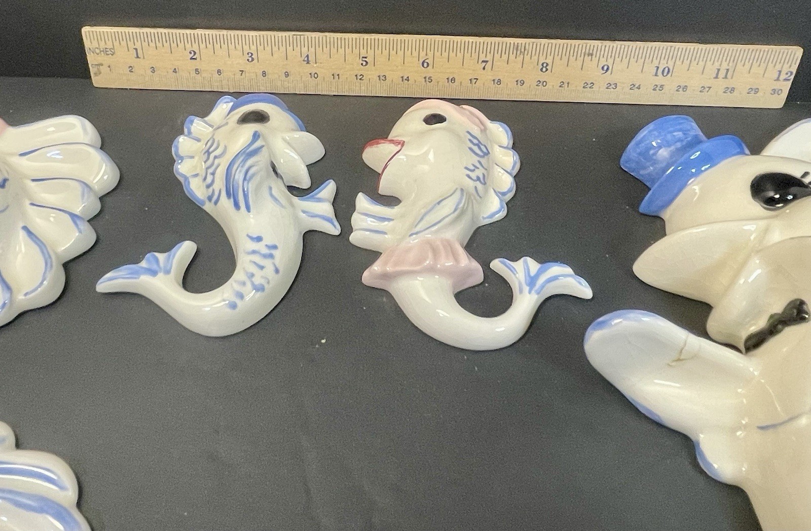 Fish Family Anthropomorphic Kitschy Kitsch 4 Ceramic Wall Plaques Vintage