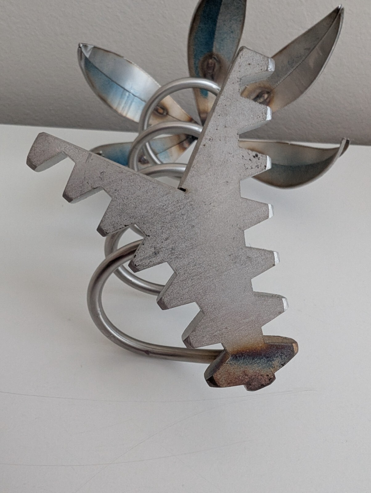 Brutalist flower sculpture recycled art blue silver tone metal tree unique