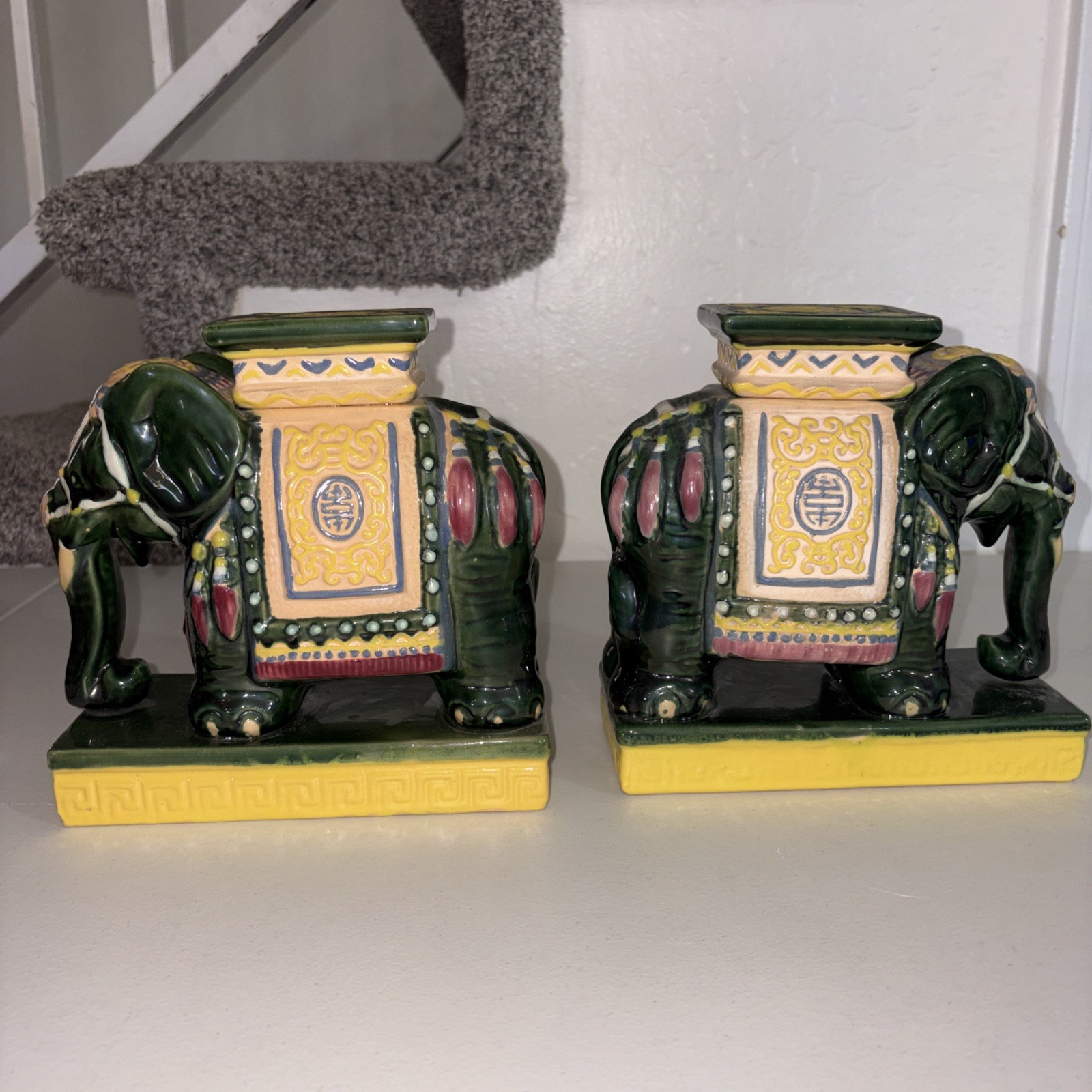 Vintage Pair Of Green Ceramic Asian Elephant Statues