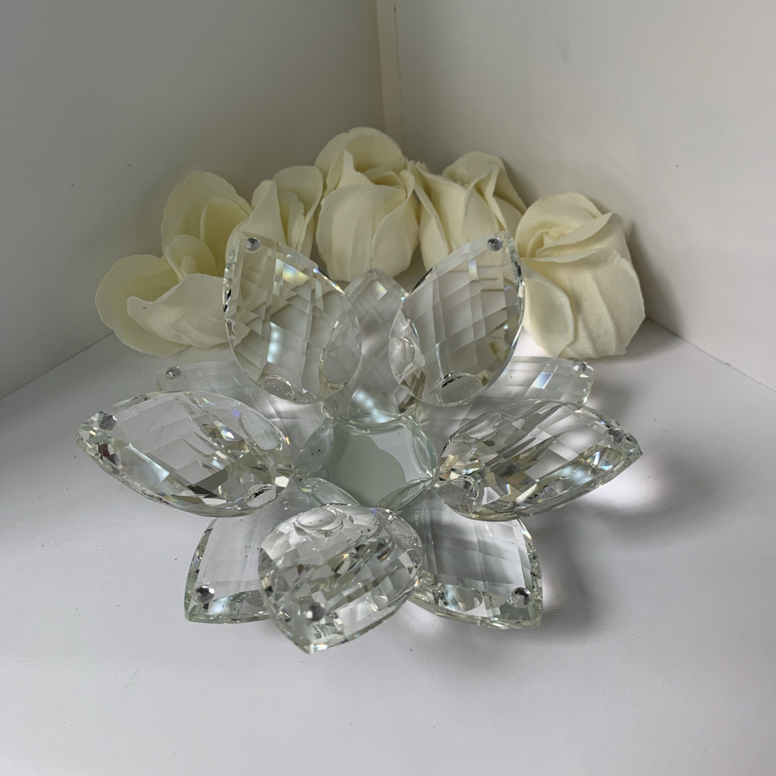 Tufano Italian Crystal Cristal Lily Flower Shaped Candleholder With Side Roses