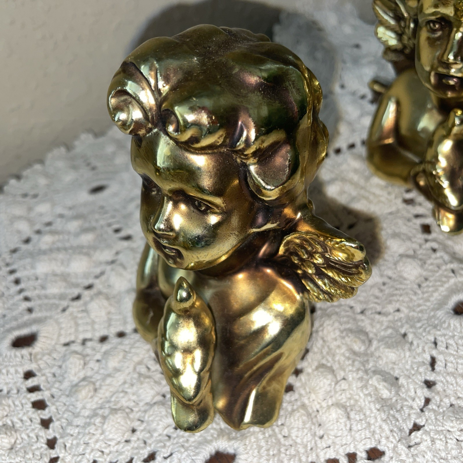 2 Vintage Ceramic Gold Cherub Angels Shelf Sitters Bright Beautiful NUMB #E-2550