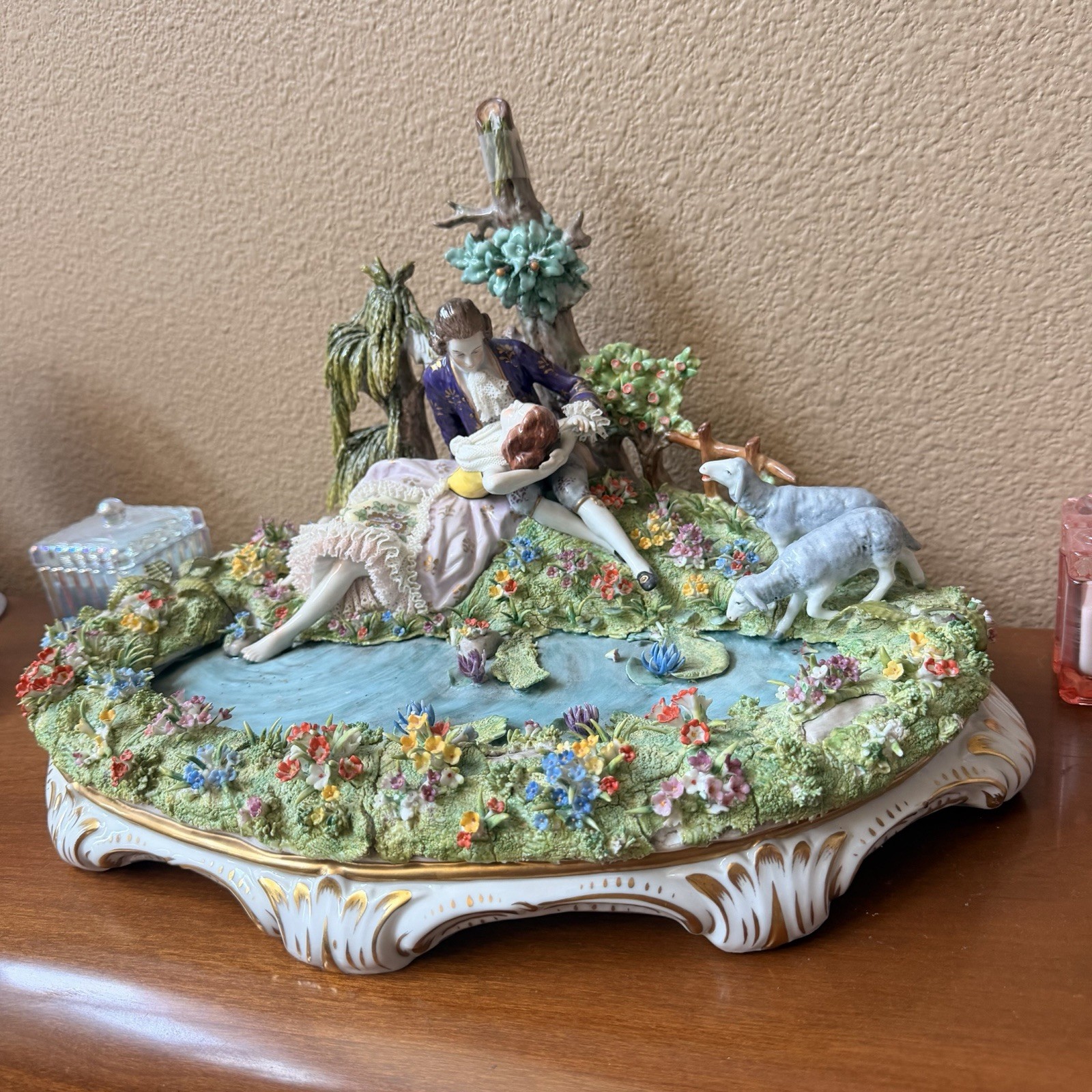 Sitzendorf Porcelain 1970s Two Young Lovers in Garden w/ Lambs Hand-painted