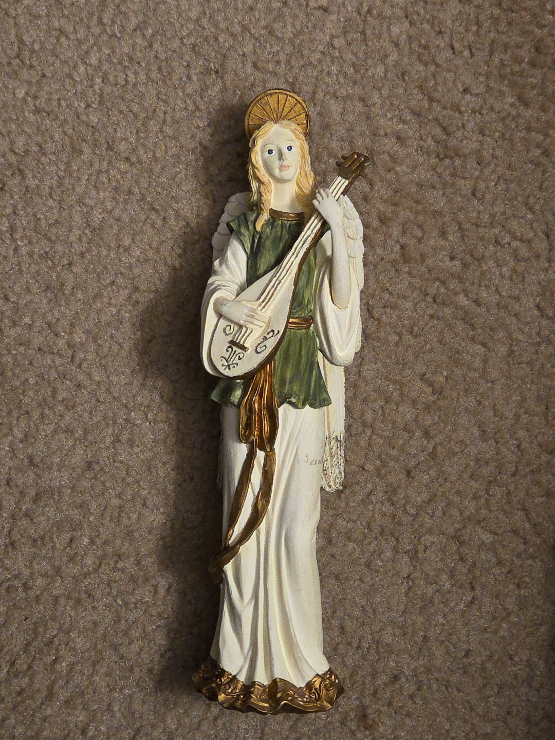 😇Lovely Angel Playing🔥Lute 9′ White-Gold🔥Green Dress💥BEAUTIFUL💥👀💯