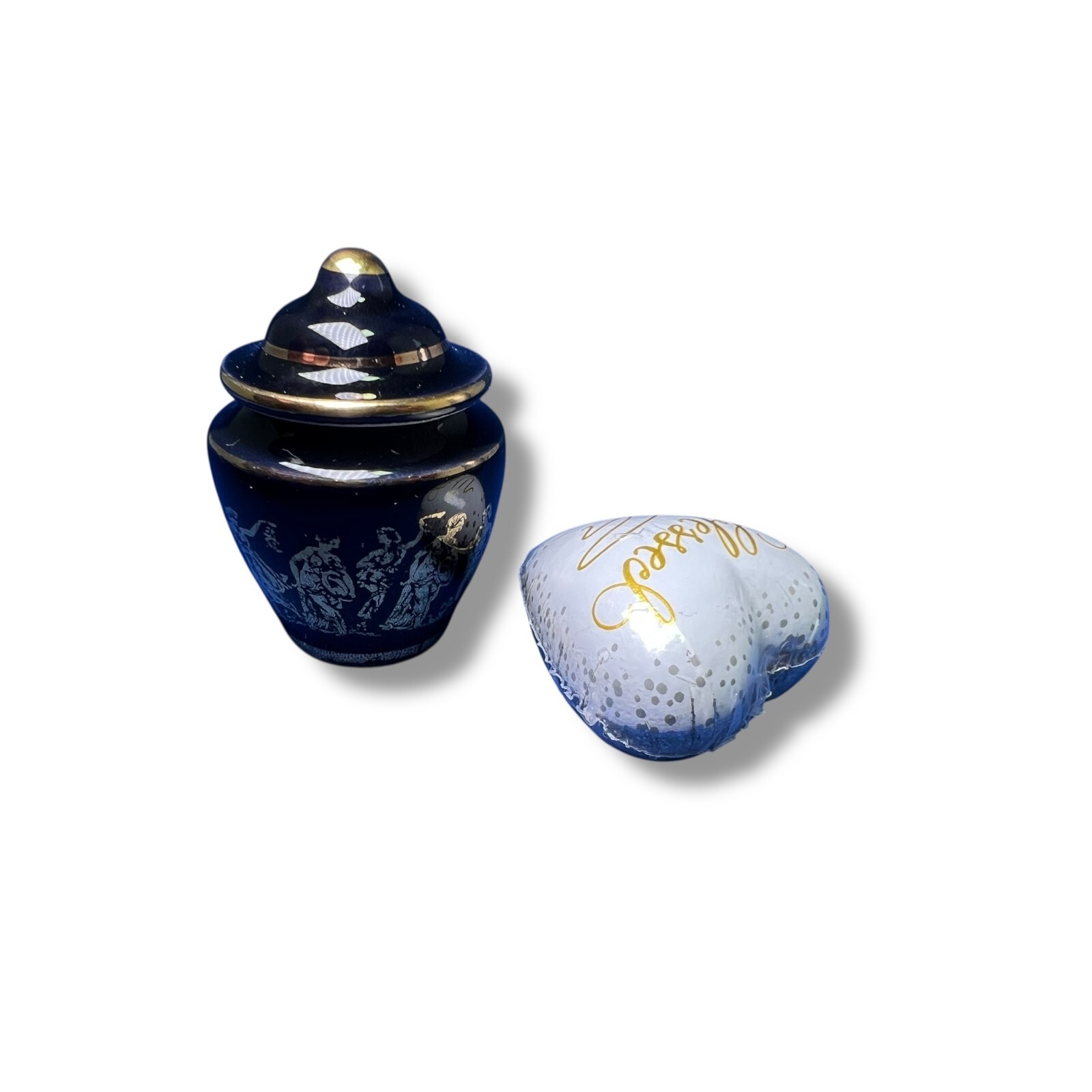 Mini Keepsake Urn & “Blessed” Heart Stone | Blue Gold Ceramic | Memorial Cremati
