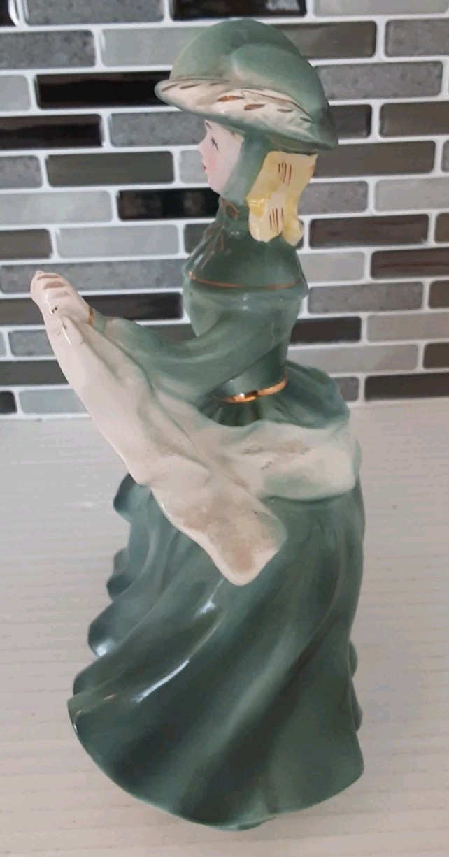 Vtg Porcelain Women Figurine Green Dress Blond Blue Eyes Japan Ucagco