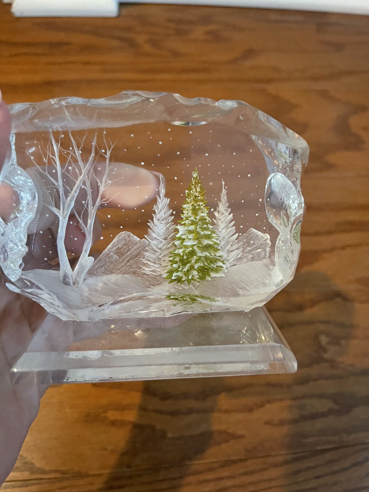 Vintage 1984 Lucite INTAGLIO CARVED Winter Snow Scene ~4×3.5×2.5”