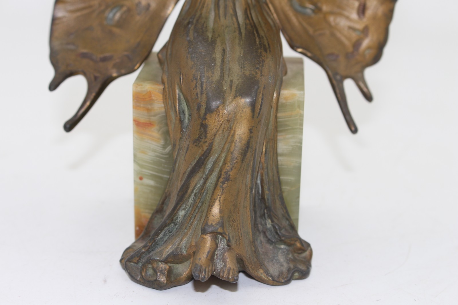 Buttefly Girl / Fairy Art Nouveau Bronzed Statue, Marbled Green Stone Base