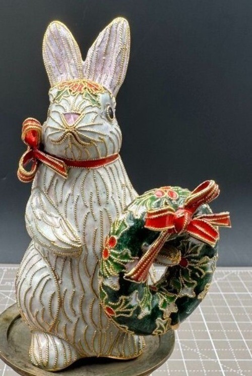 Vintage Cloisonné Design Copper Enamel Bunny Rabbit Bow Wreath Figure signed