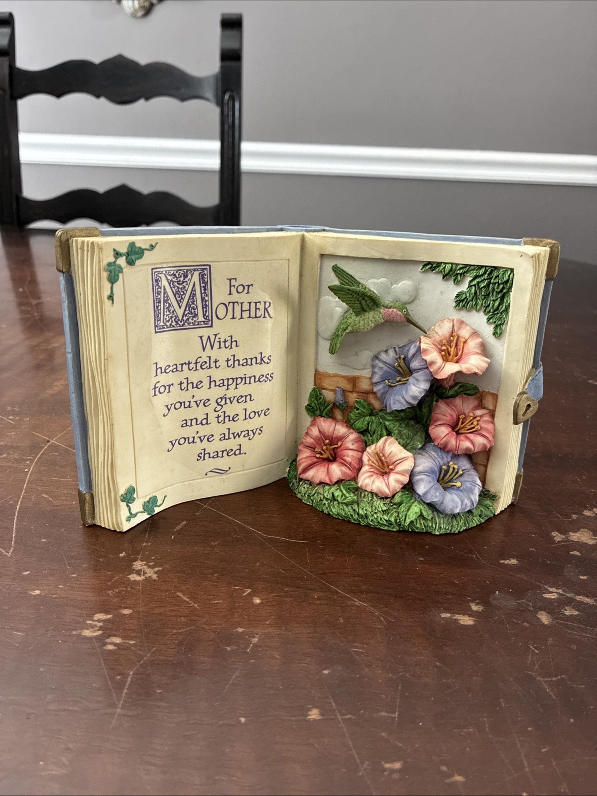 “For Mother” Open Book W Hummingbird & Flowers 4.25”x7” Love On Mother’s Day Vtg