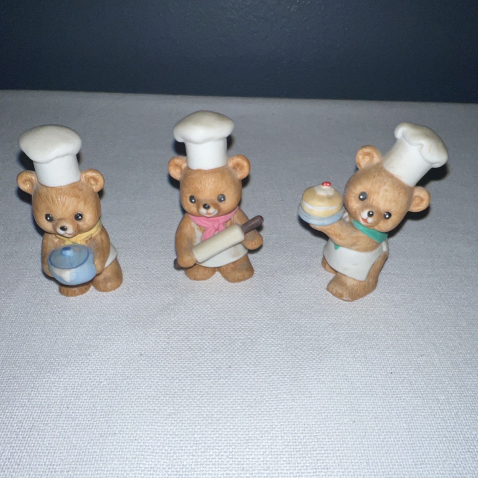 Russ Bear Chef Ceramic Figurines Set of 3, Hand Painted, Brown White Multicolor
