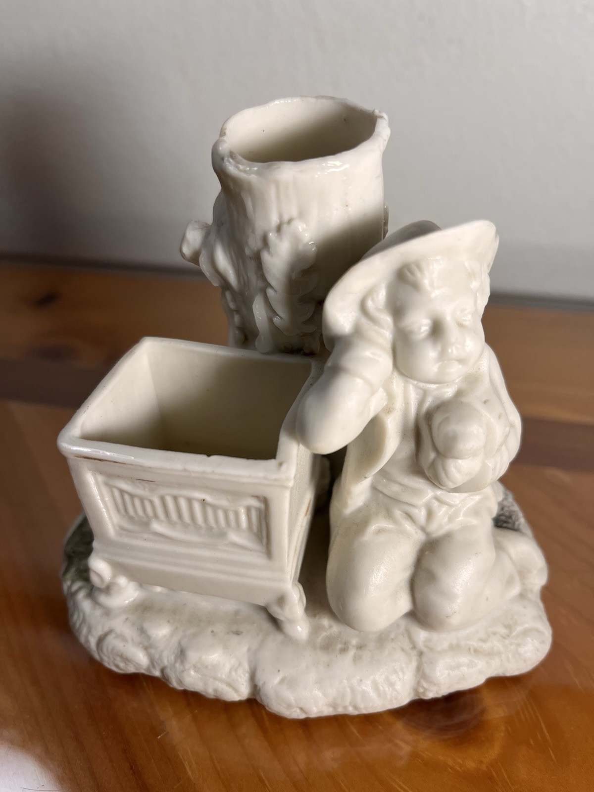 Vintage Heubach style Porcelain Boy w Puppy Vase & Candle Holder Figurine 4”