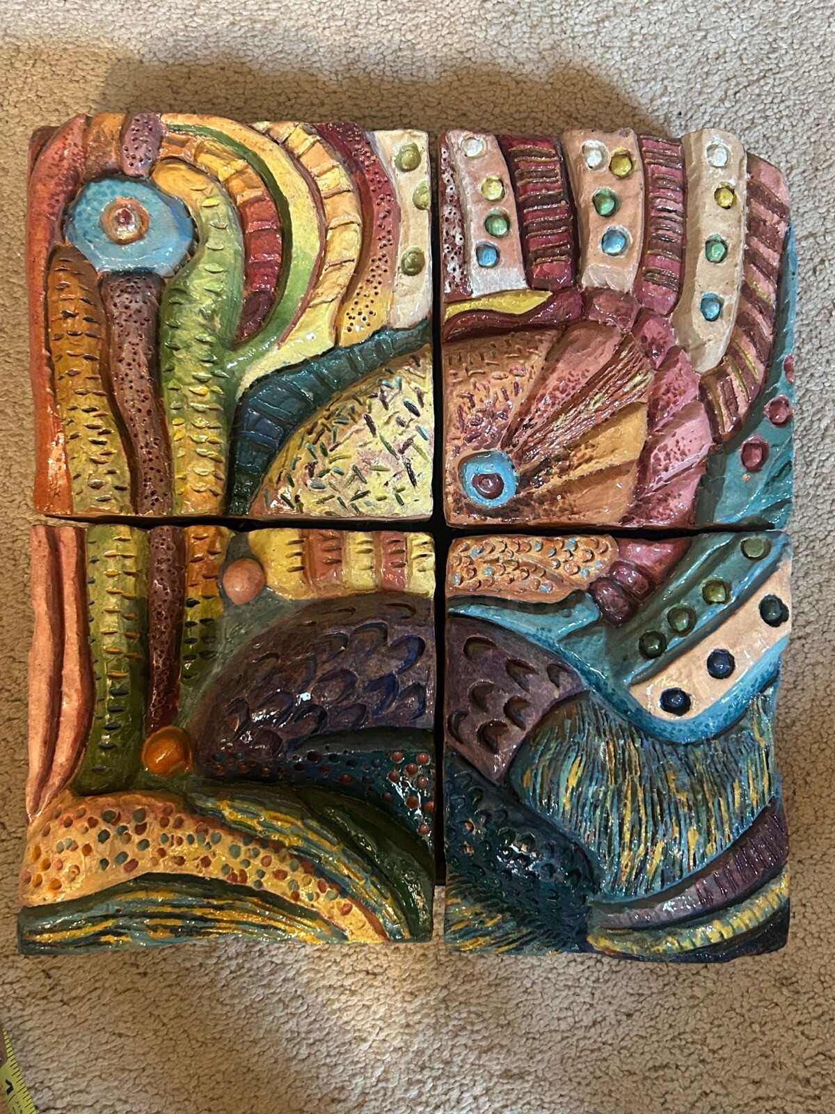 Vtg Rosenbaum ’84 4 Segment Pottery Wall Art Sculpture Abstract Bird Peacock