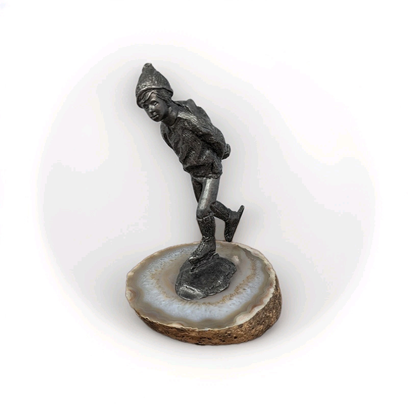 Pewter Figure, Young Boy Skating on a Lake of Banded Agate, Signed/Dated