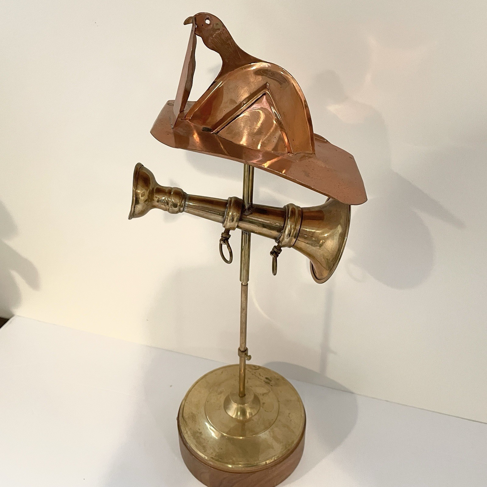 Vintage Fireman’s Copper & Brass Sculpture Firefighter’s Hat & Horn Decoration