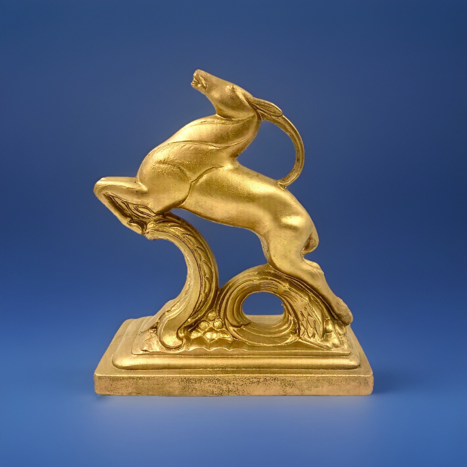 Vtg Art Deco Cast Metal Leaping Ibex Gazelle Bookend Statue Gold 1930s Authentic