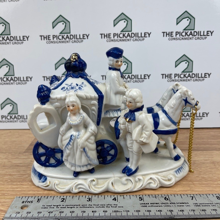 Vintage F.E.I. Inc. Porcelain Horse Drawn Carriage Figurine Blue White Gold 7.5″