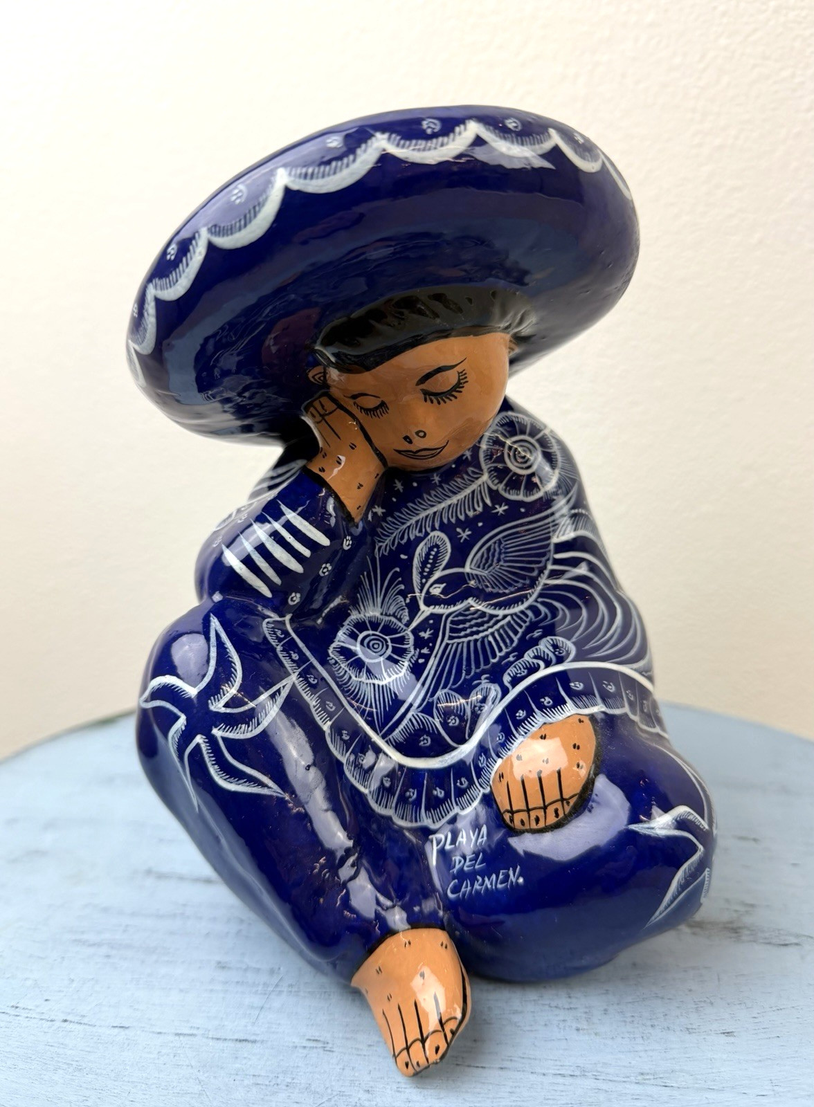 Vtg Talavera Ceramic Boy Figurine Blue & White Mexican Pottery Playa Del Carmen