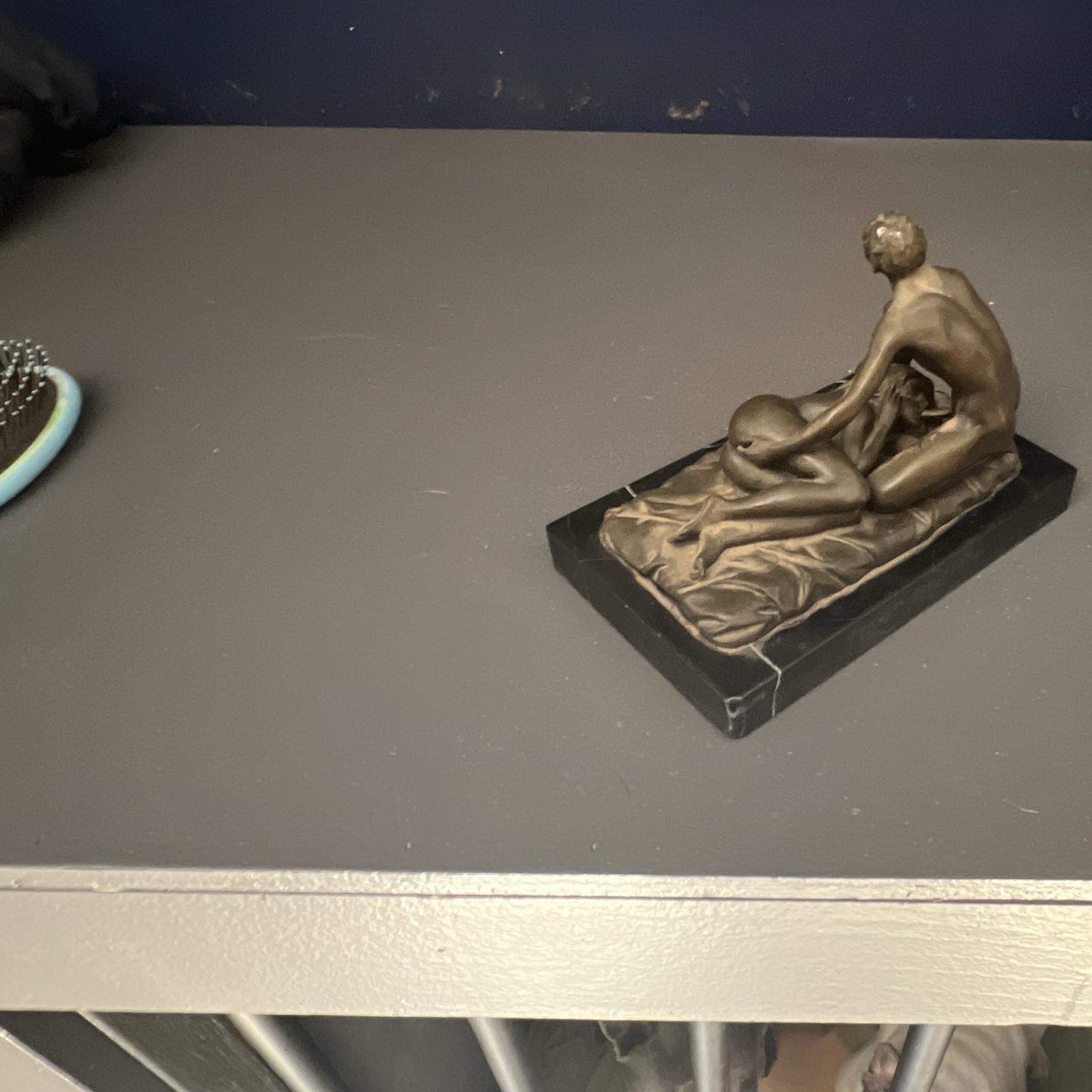 Bronze-Finish Nude Couple Figurine Sculpture on Black Marble Base, 3D Effect