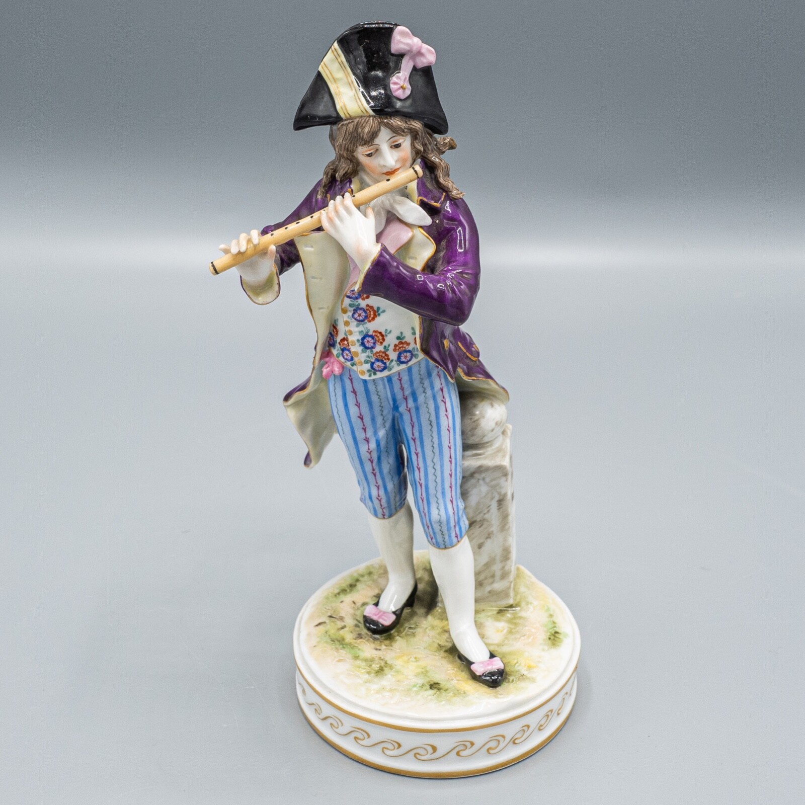 Sevres STYLE Porcelain Man Playing Flute Musician Gentleman Figurine Purple ~8″H