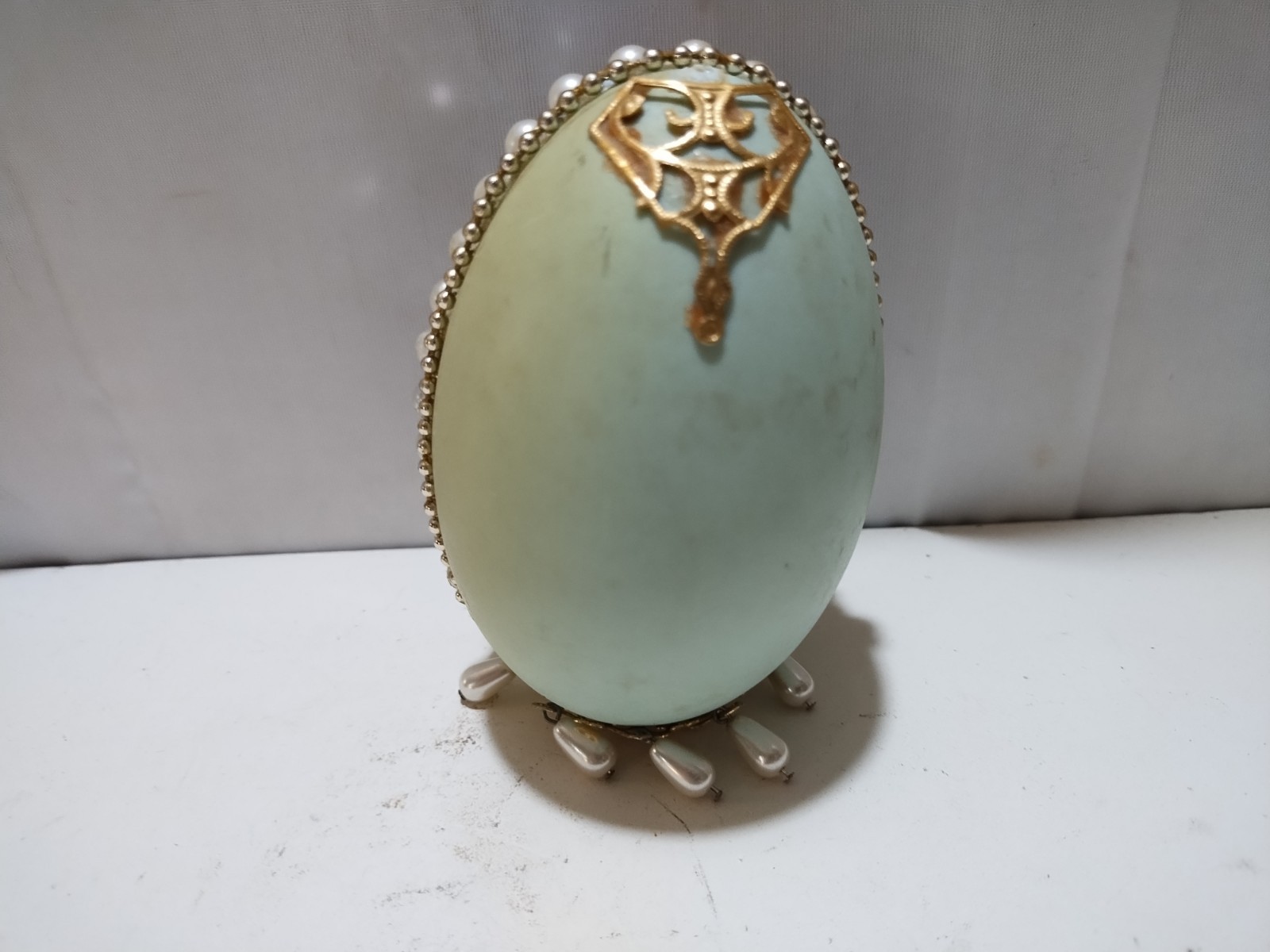 Vintage Diorama Easter Egg Man Fishing W/Child Dog Hinged Door Beaded Goose Egg