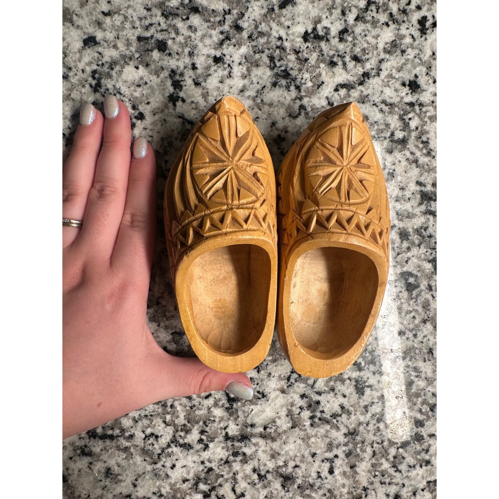 Hand Carved Wooden Clogs Miniatures Pair Folk Art Decorative Shoes