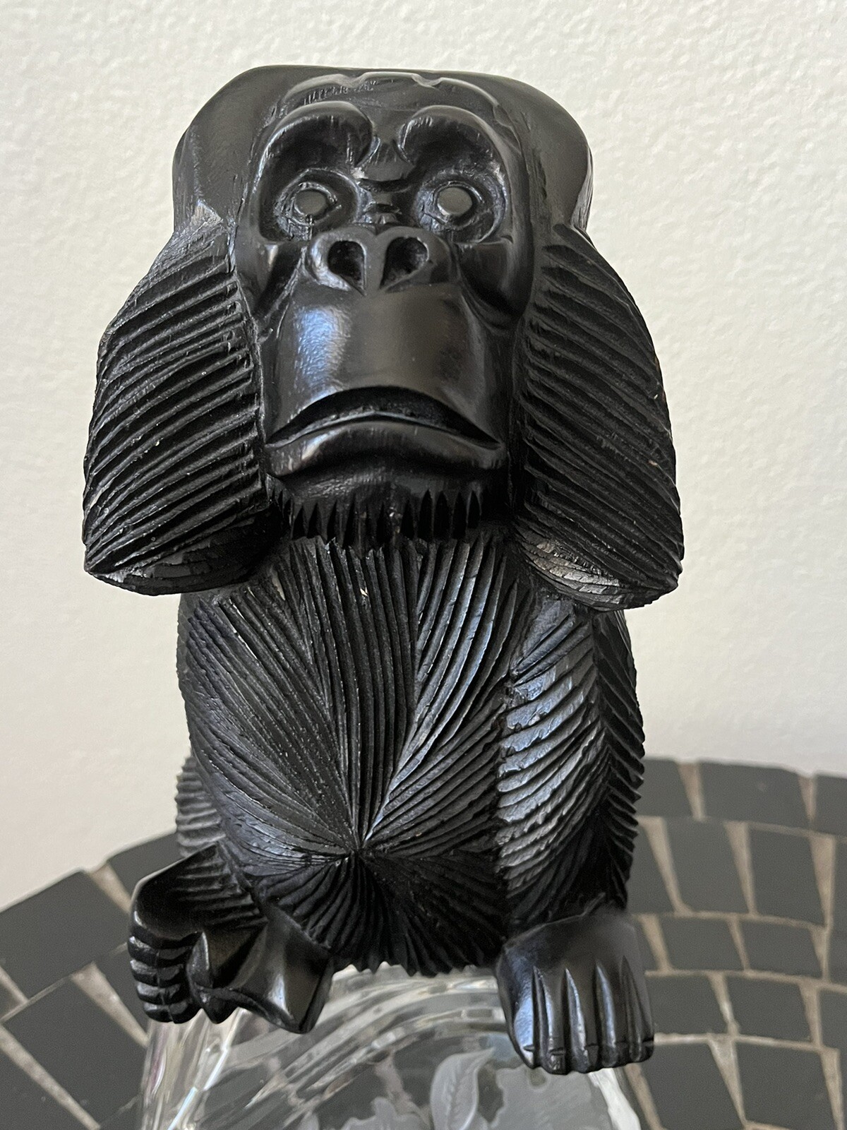 Hand Carved Black Solid Wood ~ Wise Monkeys Hear No Evil Statue 8.25 x 4.5 x 5.5