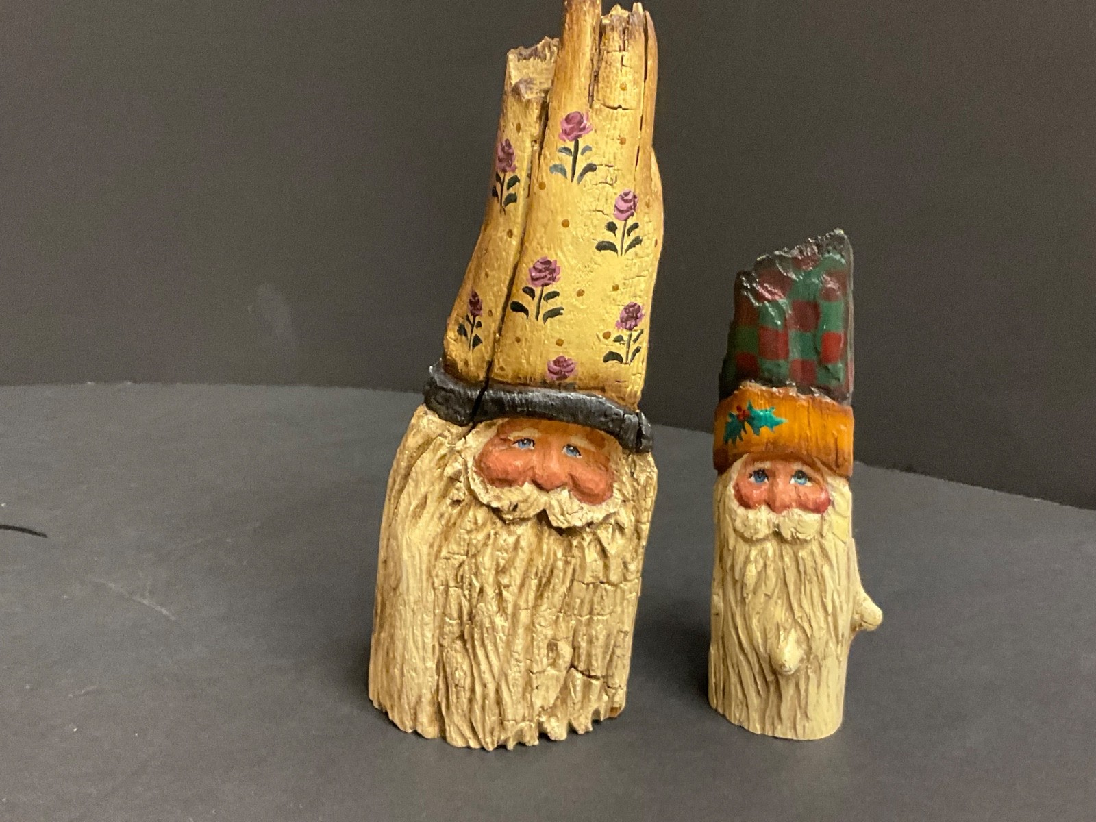 Santa Folk Art Hand Carved Wood Figure Sculpture 7”/5″ Tall Hand Painted Signed
