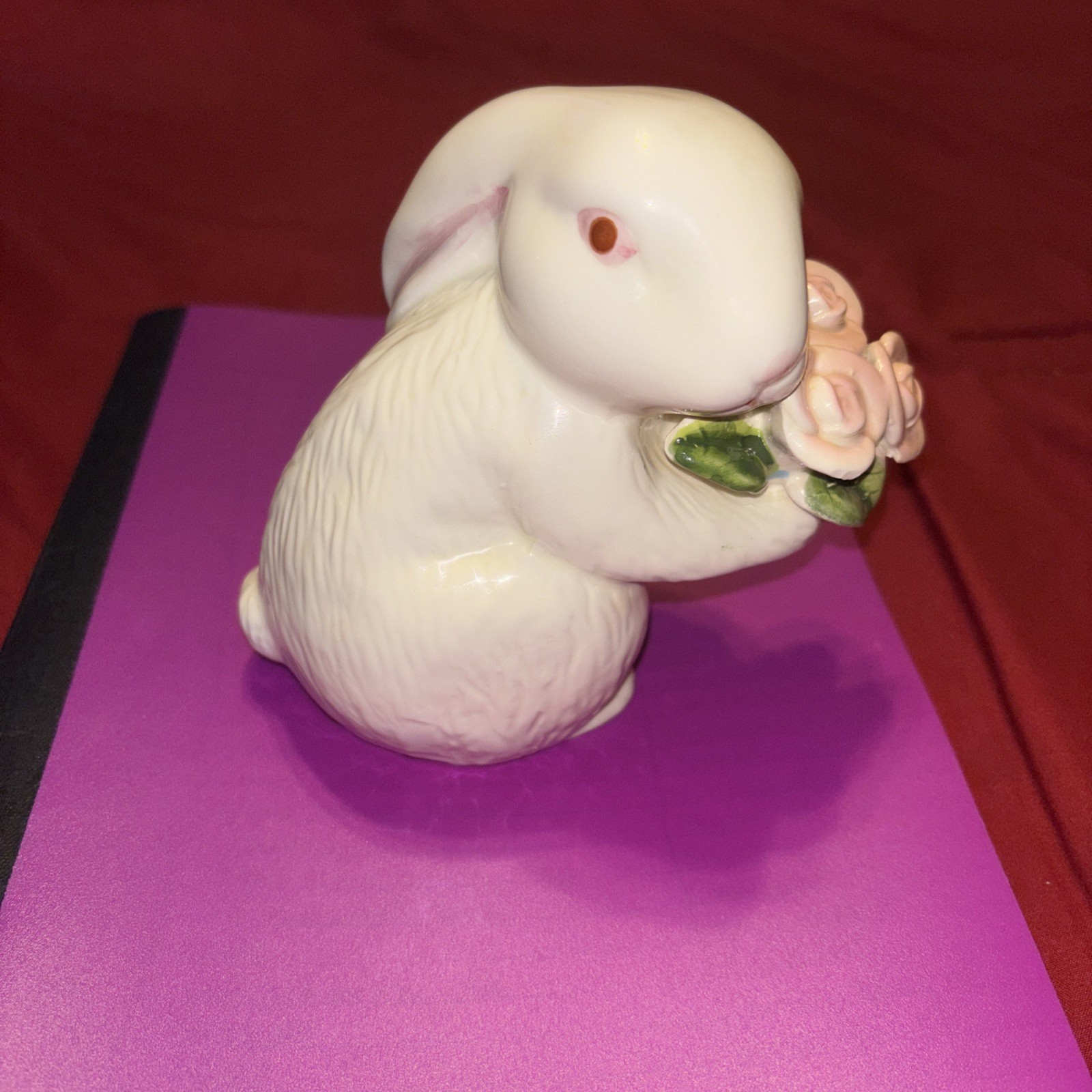Vintage Hand Painted White Rabbit Holding Pot of Roses, 5 Inches Greenbrier