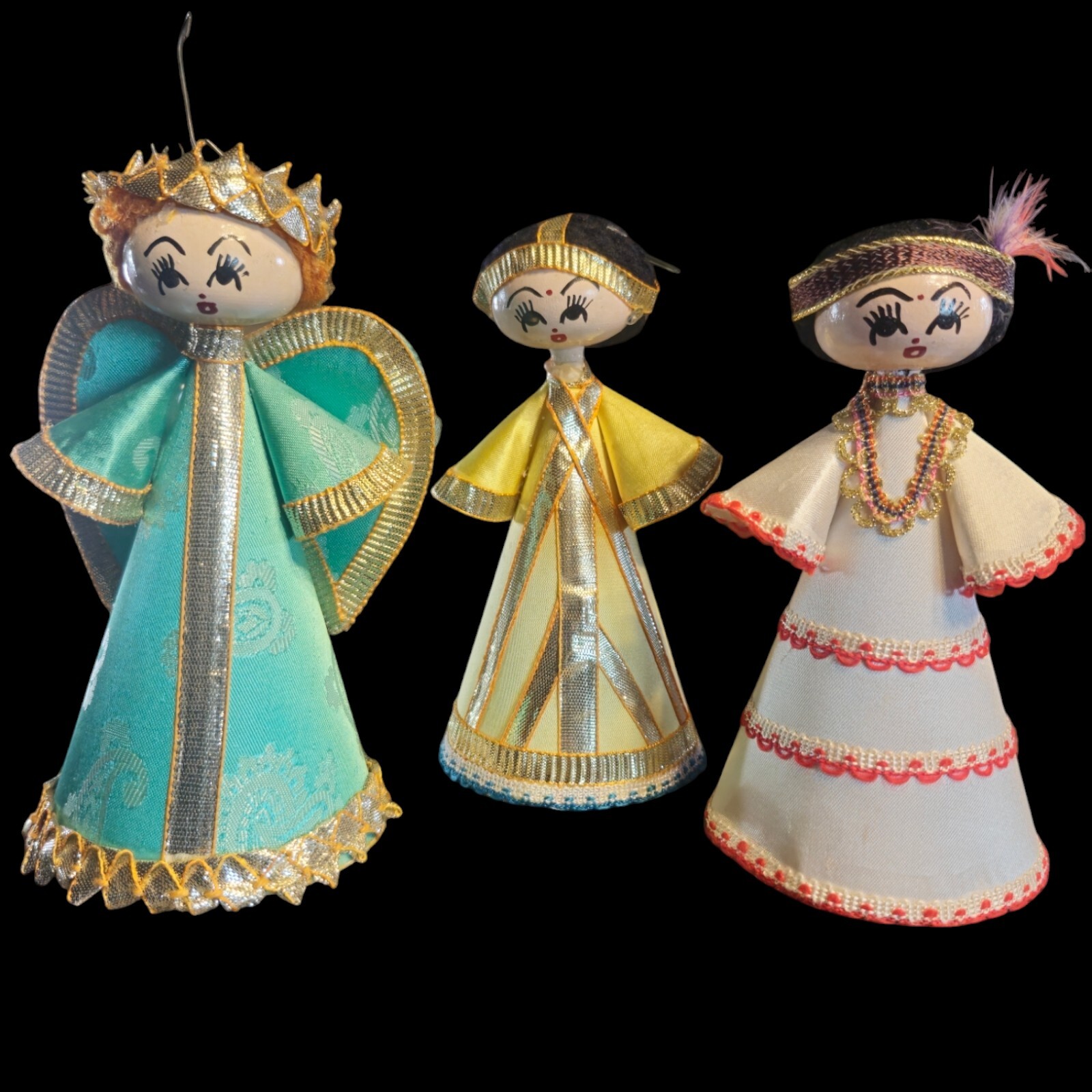 Vtg Set of 3 Figurines Ethic Girl Retro Ornaments 5.5″ Cardboard Wood Fabric