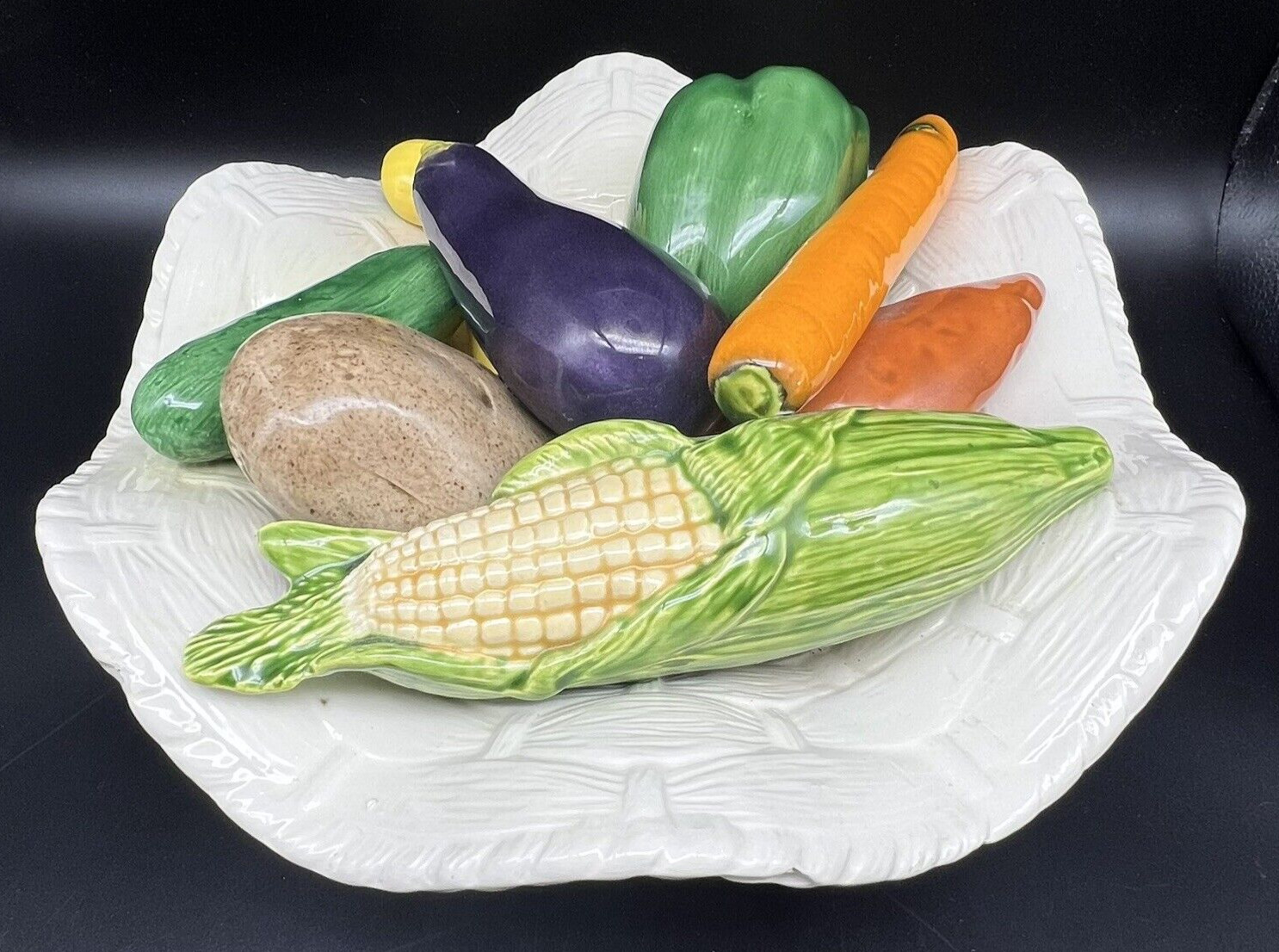Vintage Hand Painted Ceramic Vegetables in a Bowl Centerpiece 11″ Basket Weave