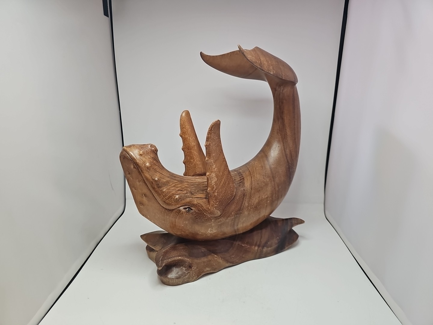 Hand Carved Wooden Sculpture Humpback Whale Jumping Folk Art Wine Holder Vintage