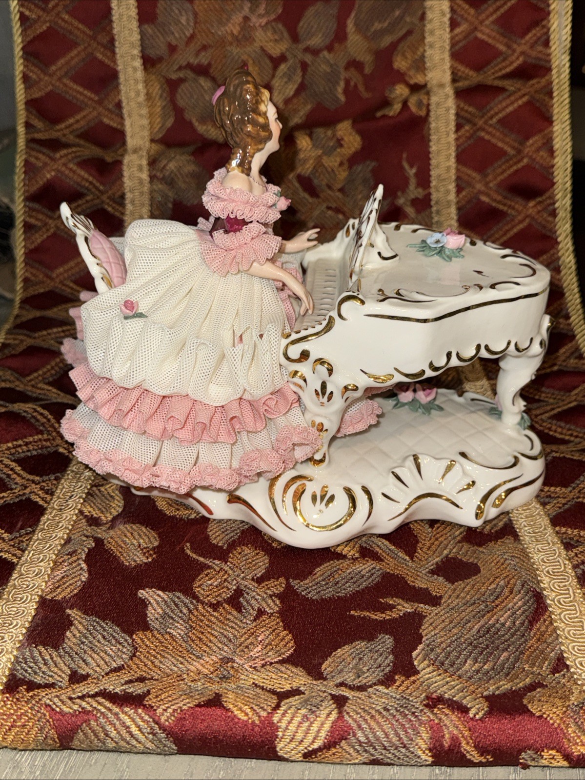 Dresden Lace Doll Figurine Playing the Piano 5.5 x 8.2 x 6.3 inches Germany
