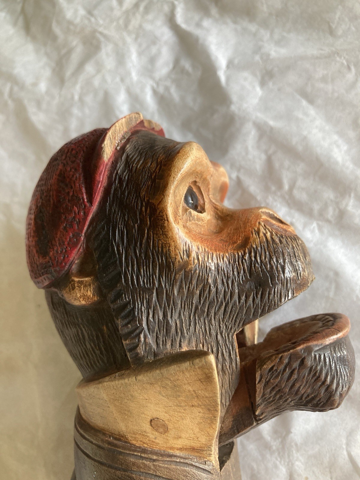 Vintage BLACK FOREST Swiss Carved Wood Ape With Collar & Glass Eyes NUTCRACKER