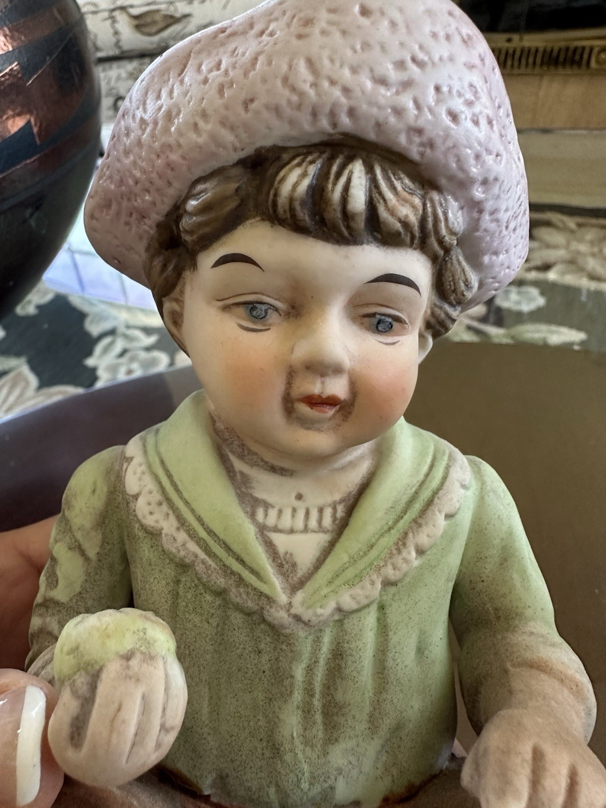 Antique Vintage 7″ Bisque Porcelain Seated Piano Boy & Girl Babies 2 pc. Pair