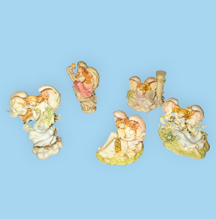 SERAPHIM CLASSICS Lot Of 5 Angel Statues FLORAL Bunnies Harp Infant Butterfly