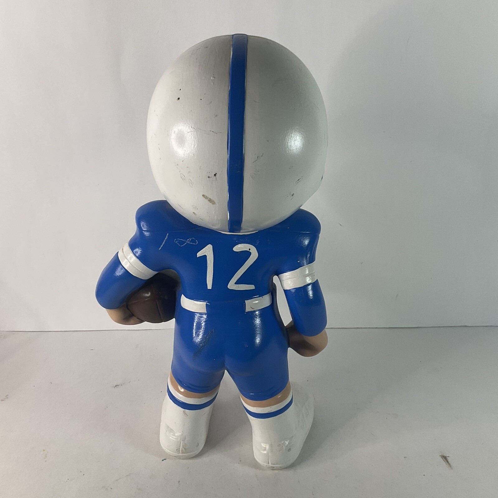Atlantic Mold 11″ Ceramic Smiling Football Boy #12 Statue Figurine Blue White