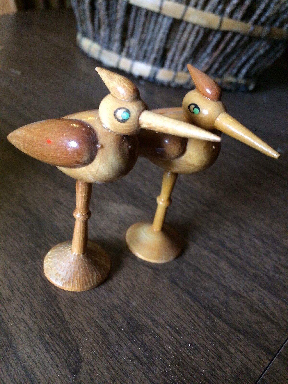 Vintage Mid Century Modern Pair Of Handmade Wood Carved Birds Bird