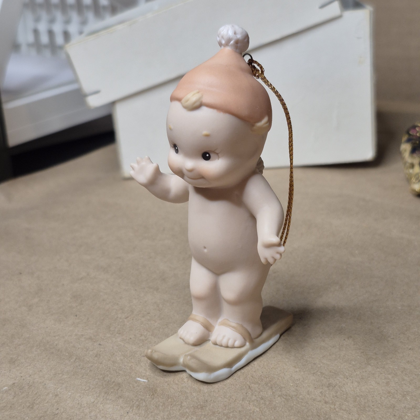 1992 Enesco Bisque Kewpie Winter Fun Ornament On Skis Skiing #528951