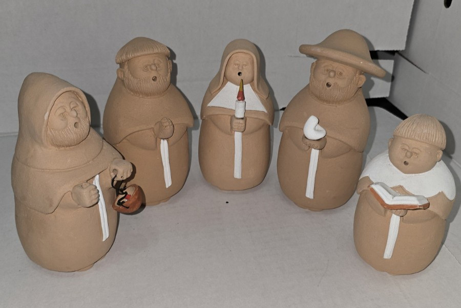 Nun Monks Priest Figurines SERMAR Chile Clay Folk Art Christmas Signed Set of 5