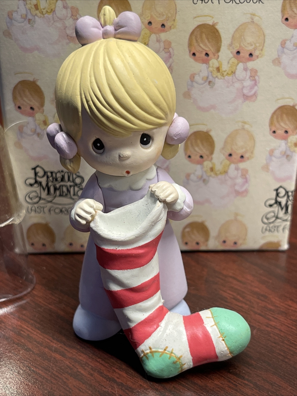 1995 Precious Moments Figurine Girl Holding Red White Green Stocking #169951