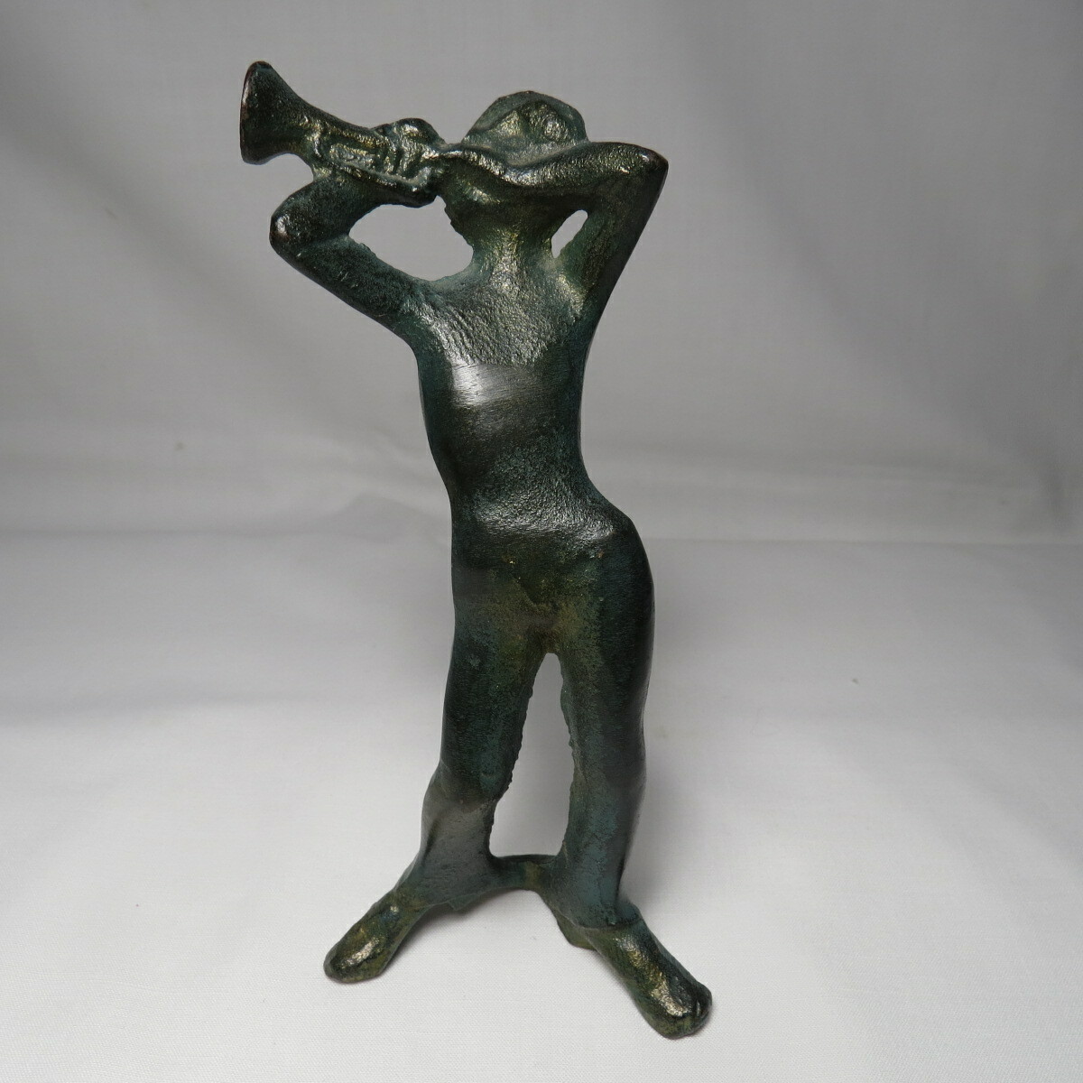 Vintage Green Metal Statue Figurine Man Playing Horn Trumpet 6 3/4″ Tall Japan